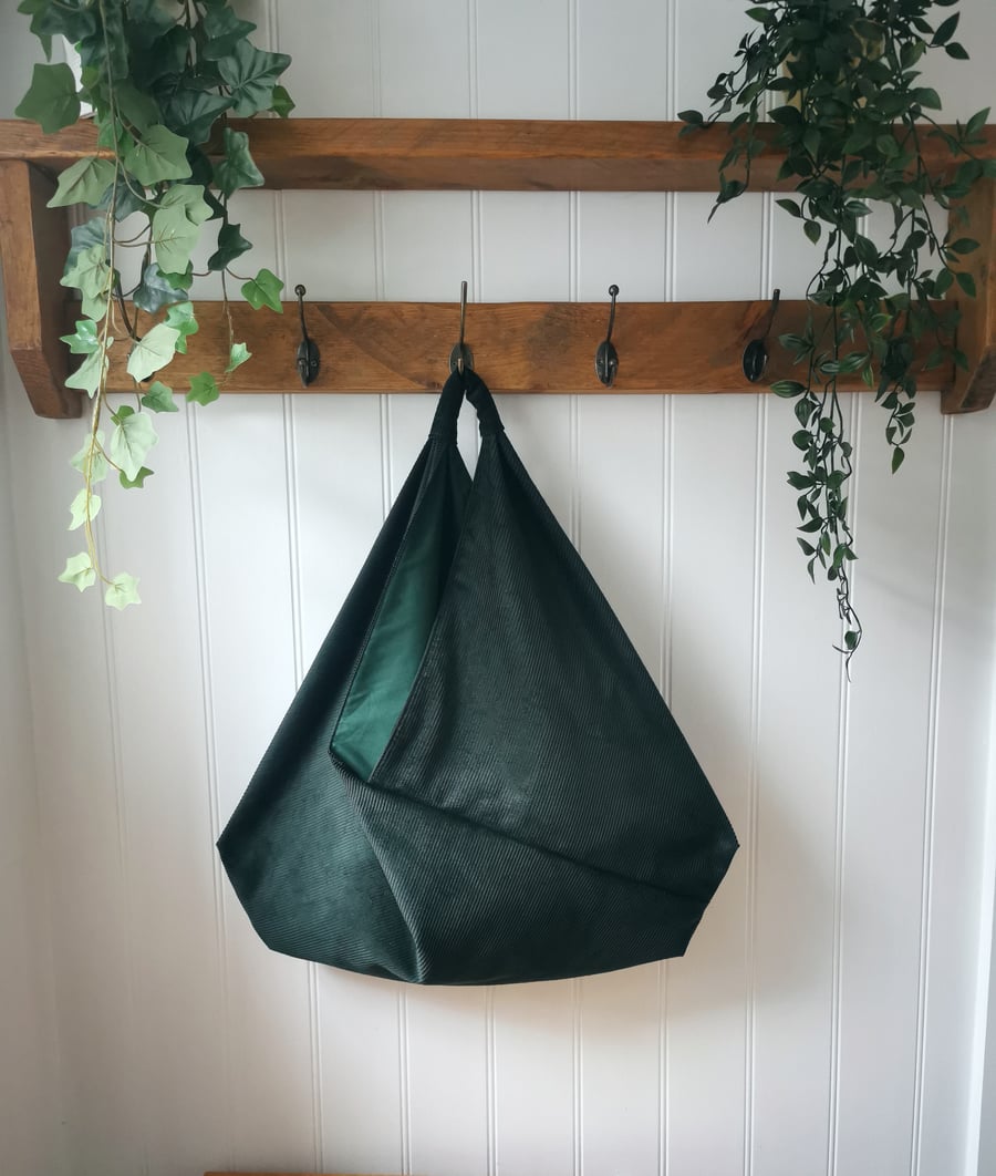 Bottle Green Cotton Corduroy Slouchy Origami Bag with Matching Lining