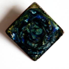 brooch - square: scrolled blues, dark blue, blue grey, over clear enamel