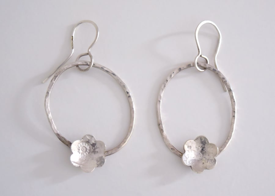 Sterling Silver Hammered Hoop Earrings with flower by MidasTouch Jewels by Patsy