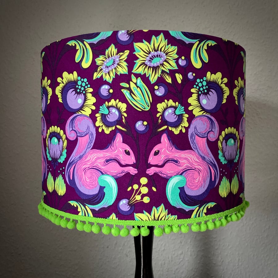 Seconds - 30cm Squirrels and Flowers Lampshade with Pompom Trim