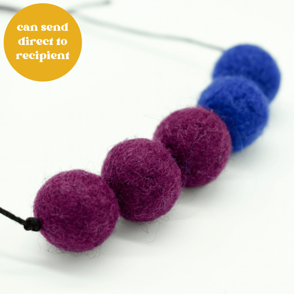 Felted bead necklace in dark purple and blue wool