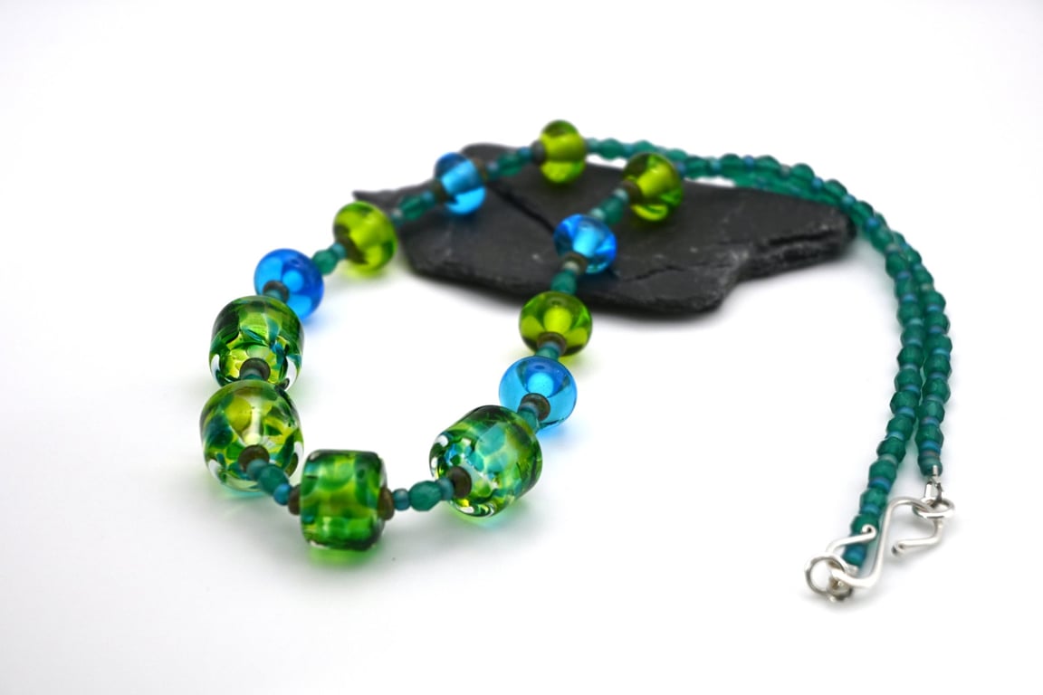 green and blue lampwork glass necklace