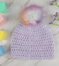 Lilac Crochet Baby Hat Newborn to 3 Months with Bobble Flower and Pastel Pom  - Image 4