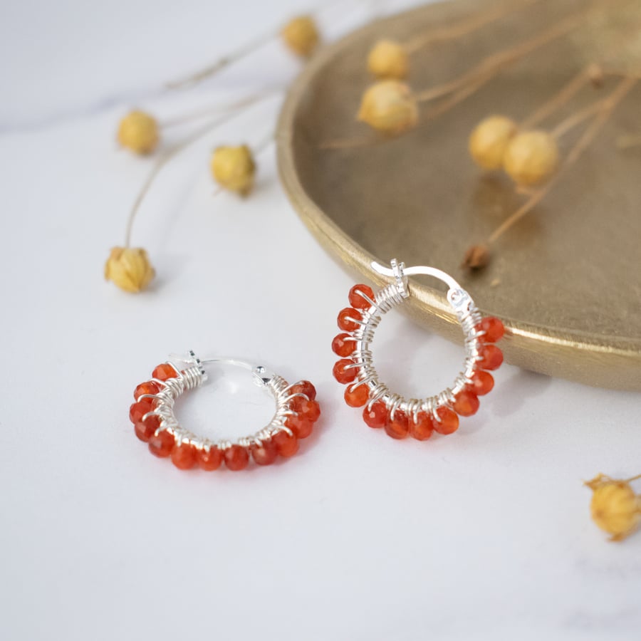 Carnelian Gemstone Beaded Silver Hoop Earrings