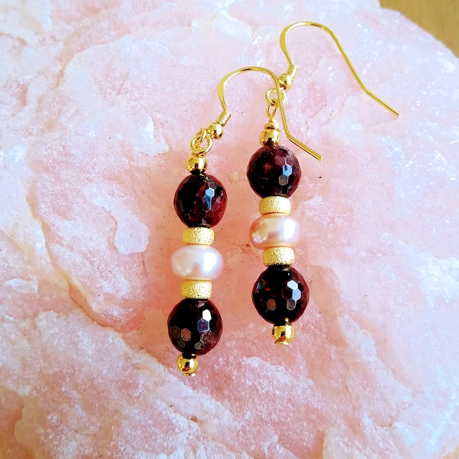 Red Garnet & Vintage Rose Freshwater Pearl Gold 925 Sterling Silver Drop Earring