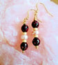 Red Garnet & Vintage Rose Freshwater Pearl Gold 925 Sterling Silver Drop Earring