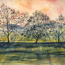  Sunrise Landscape  Watercolour Painting- Fen Countryside Impressionist Art 