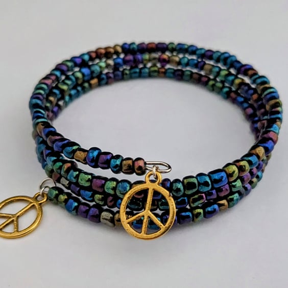 Iris lustre seed bead wrap bracelet with peace charms - 2001453