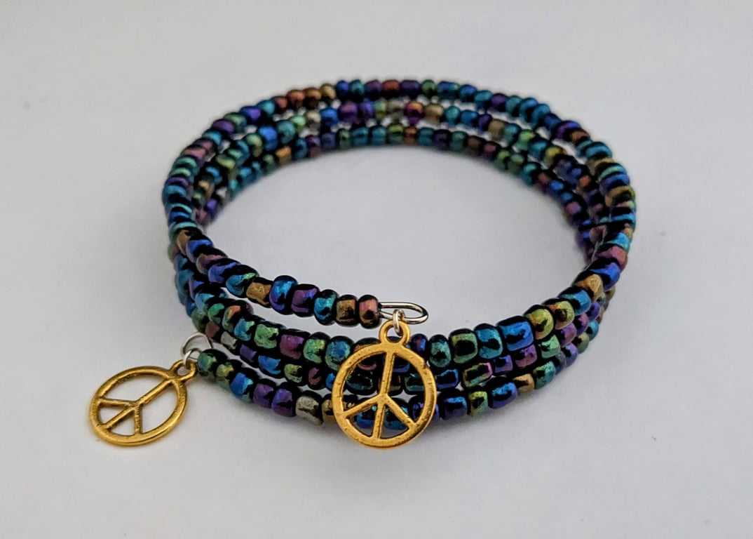 Iris lustre seed bead wrap bracelet with peace charms - 2001453
