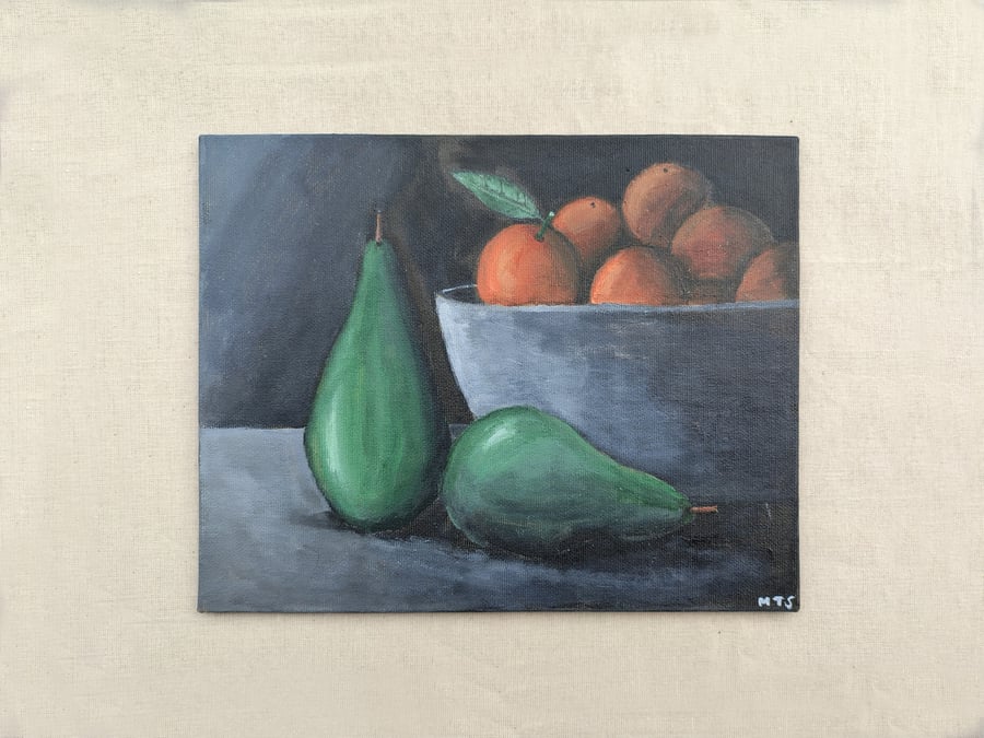 Original painting on Canvas, Wall Art - Still Life -Pears with Bowl of Oranges.