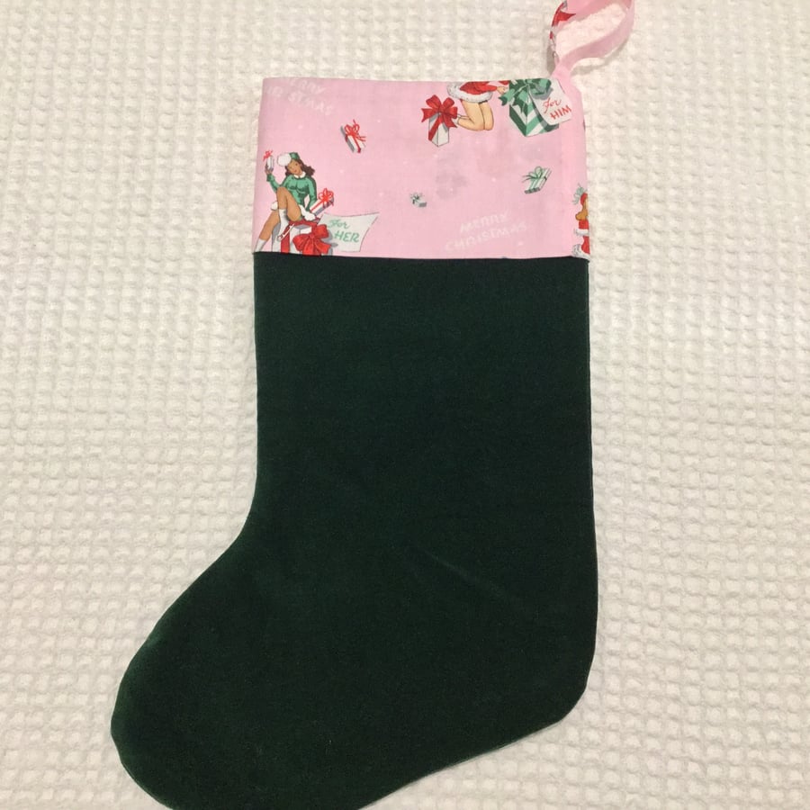 Green Velvet and Pin Up Girl Christmas Stocking 20% OFF CURRENT PRICE