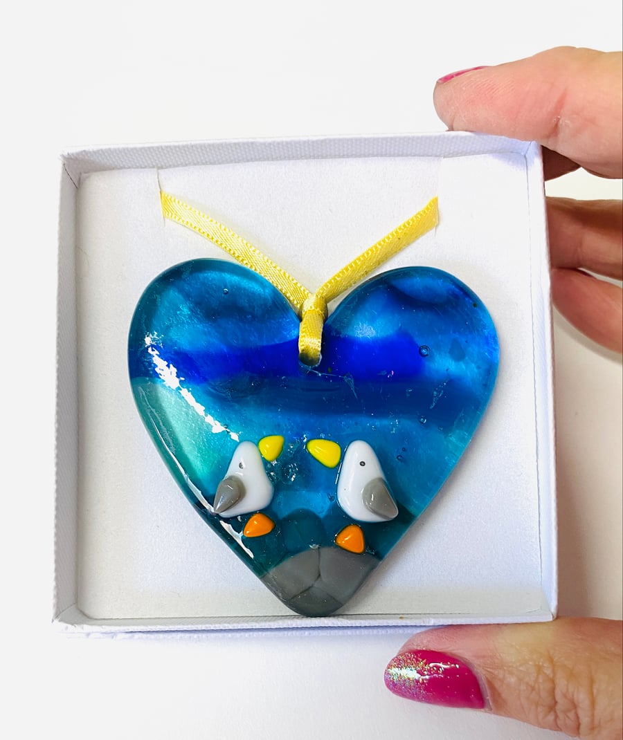Seagulls “love on the rocks” fused glass heart
