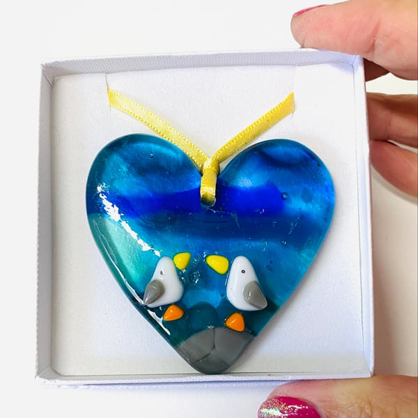 Seagulls “love on the rocks” fused glass heart