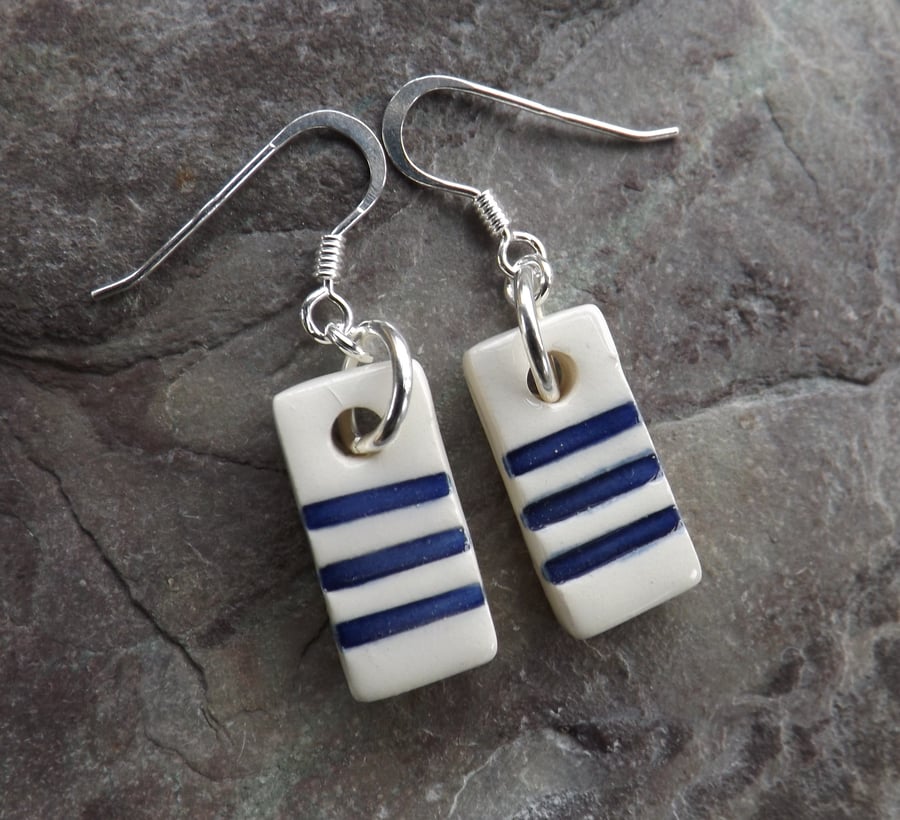 Blue and white stripes ceramic earrings