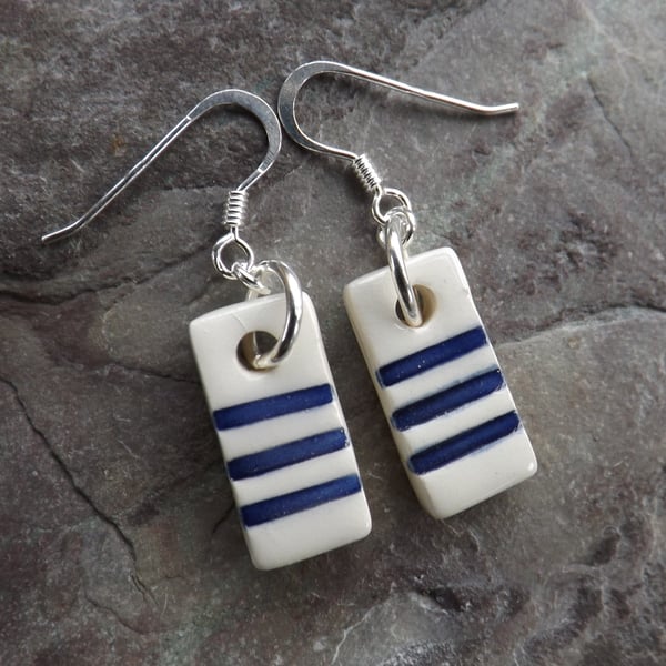Blue and white stripes ceramic earrings