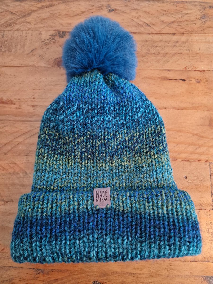 Bobble Hat Chunky Blue and Green Multi-Coloured Knitted Ladies Turquoise Pom Pom
