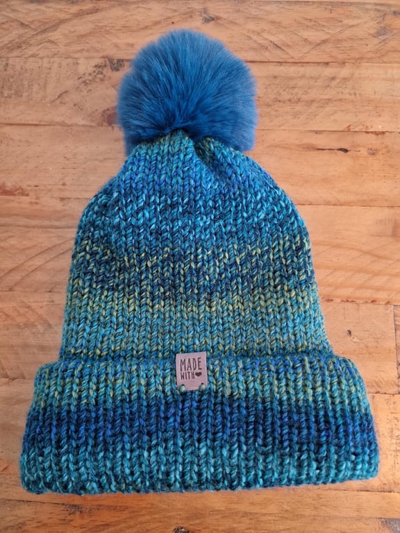 Bobble Hat Chunky Blue and Green Multi-Coloured Knitted Ladies Turquoise Pom Pom