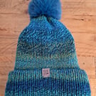 Bobble Hat Chunky Blue and Green Multi-Coloured Knitted Ladies Turquoise Pom Pom
