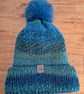 Bobble Hat Chunky Blue and Green Multi-Coloured Knitted Ladies Turquoise Pom Pom - Image 1