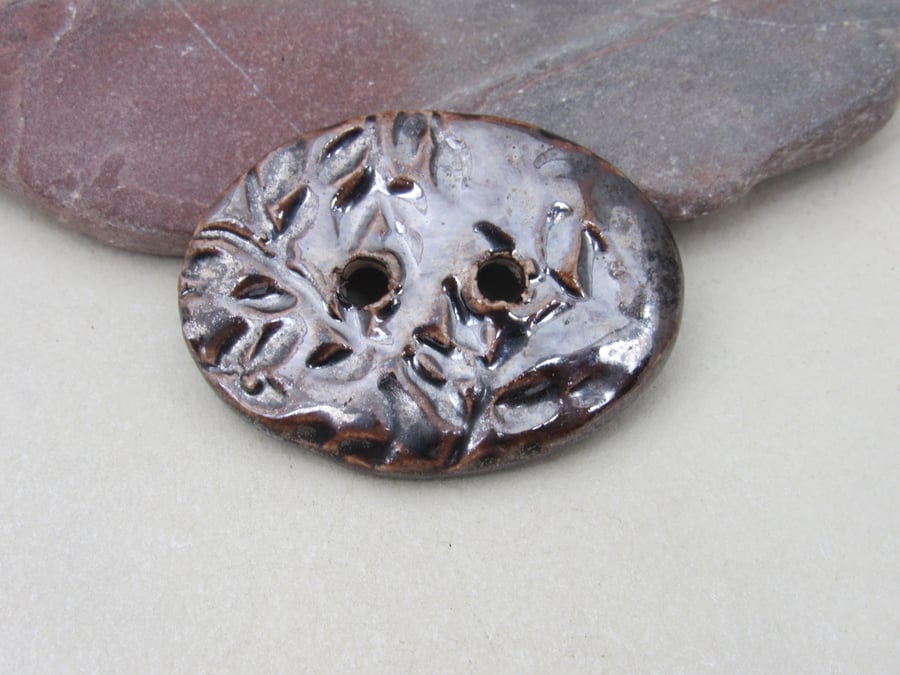 Large Bronze Sprig Oval Handmade Ceramic Button