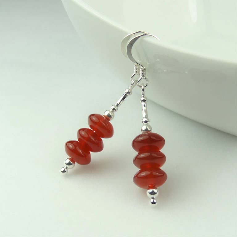 Red Agate natural stone drop earrings, sterling silver, gift box, roundelles