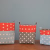 Set of three handmade fabric baskets in contrasting linens. SALE