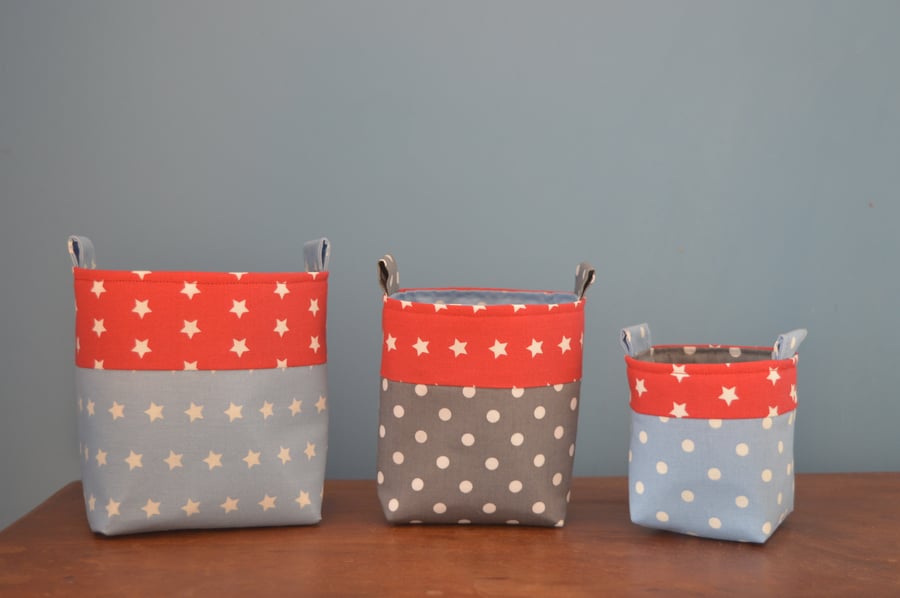 Set of three handmade fabric baskets in contrasting linens. SALE