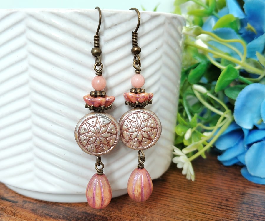 Pink Czech Glass Boho Flower Earrings 