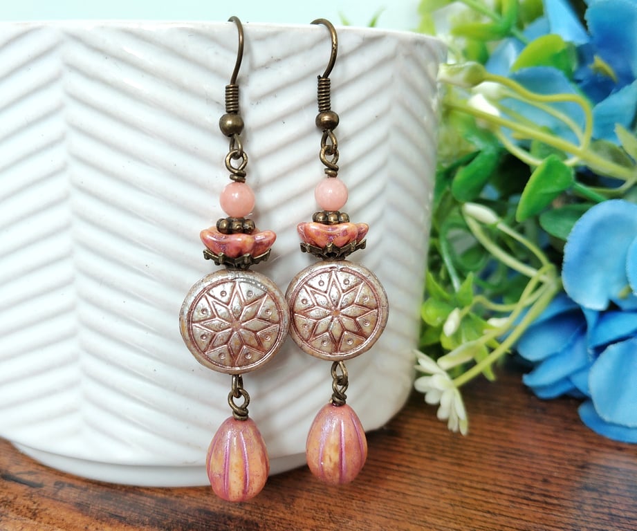 Pink Czech Glass Boho Flower Earrings 
