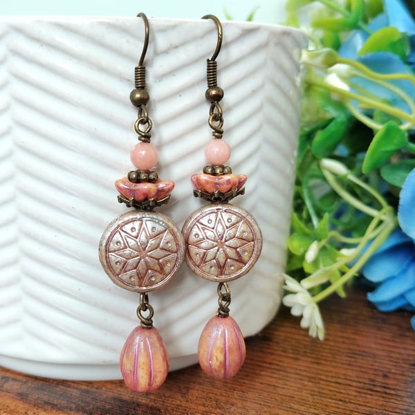 Pink Czech Glass Boho Flower Earrings 