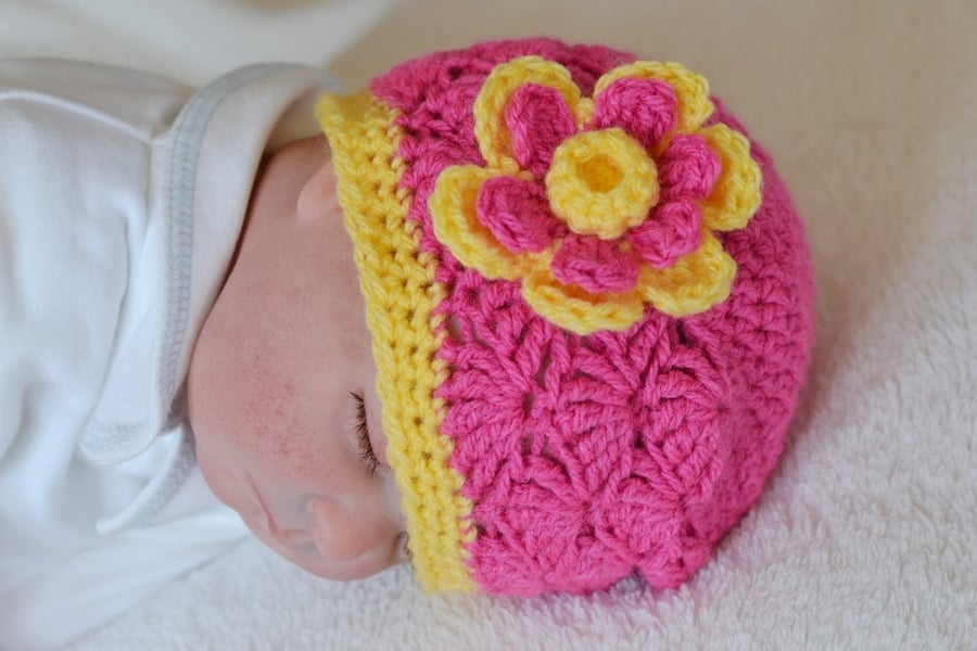 3 - 6 Months Baby Girls Flower Beanie Hat  Raspberry Pink and Sunflower Yellow 