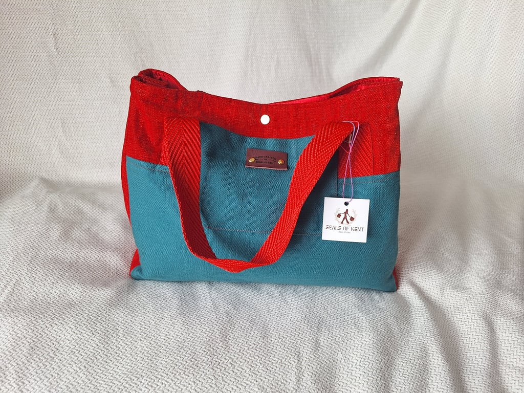 Bright red Chenille fabric and Teal handmade tote bag