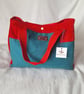 Bright red Chenille fabric and Teal handmade tote bag