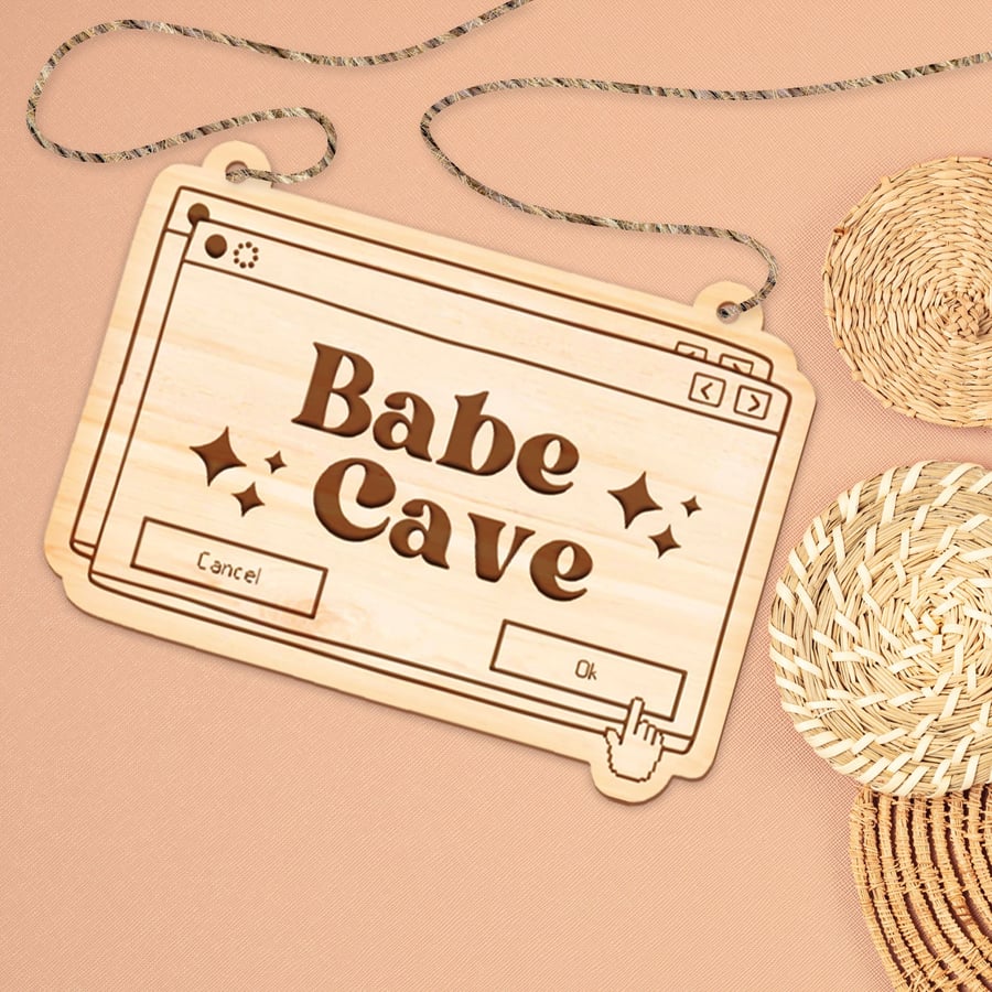 Babe Cave Hanging Wooden Sign Plaque, Girl Boss, 90s Computer Decor Girl
