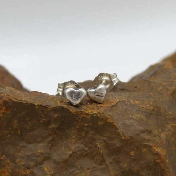 Recycled Sterling Silver Dainty Heart Stud Earrings.