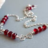 Red Glass Bead Necklace, Hearts, Swarovski, Sterling Silver Chain