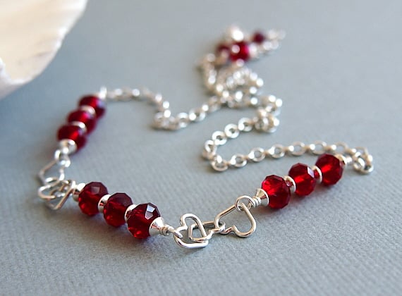 Red Glass Bead Necklace, Hearts, Swarovski, Sterling Silver Chain