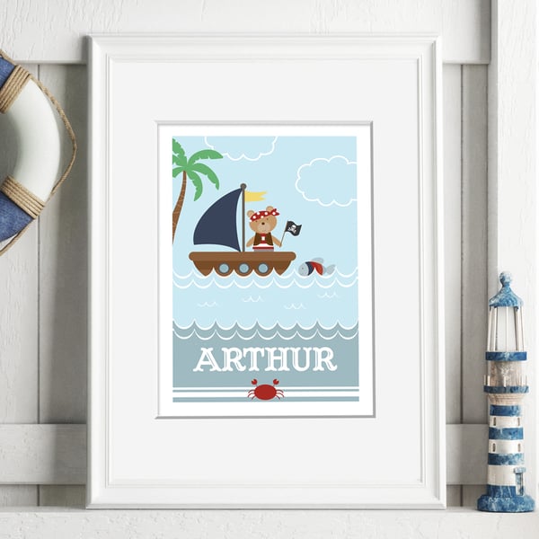 Pirate Boat Personalised Nursery Art Print, baby christening gift, nursery decor