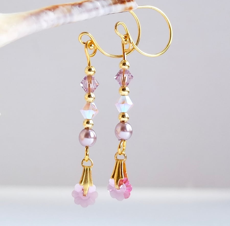 Swarovski Crystal Pink Flower Earrings with Mauve, Rose and Amethyst Beads.