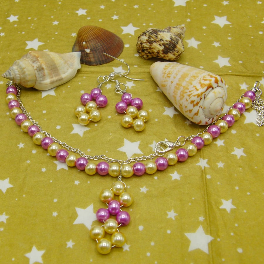 Pink And Lemon Pearl Necklace And Earrings Set,... - Folksy
