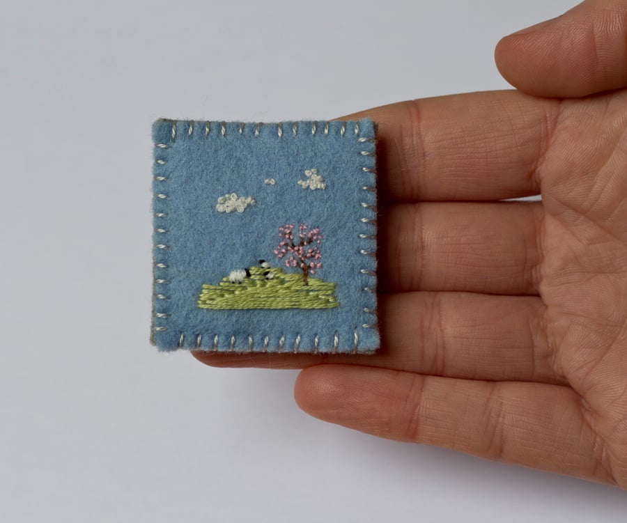 Sheep and a Cherry Blossom Tree Embroidered Landscape Brooch