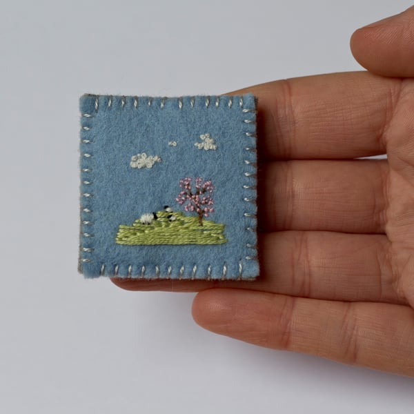 Sheep and a Cherry Blossom Tree Embroidered Landscape Brooch