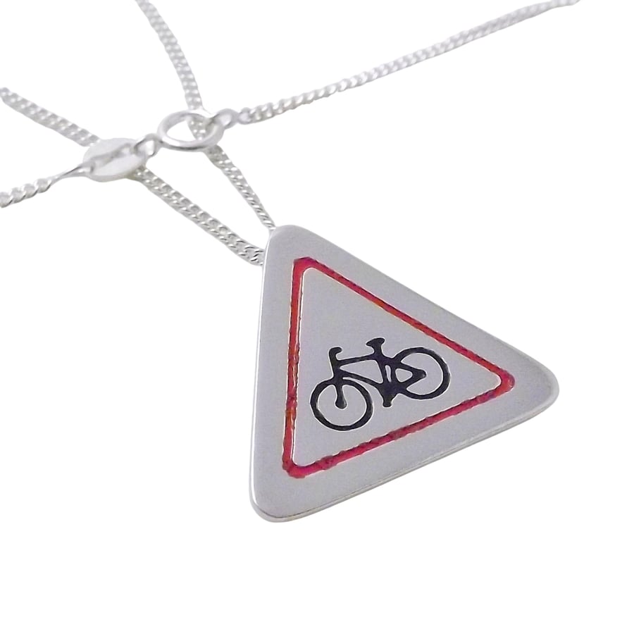 Cyclist Road Sign Pendant, Silver Bicycle Necklace, Handmade Bike Jewellery