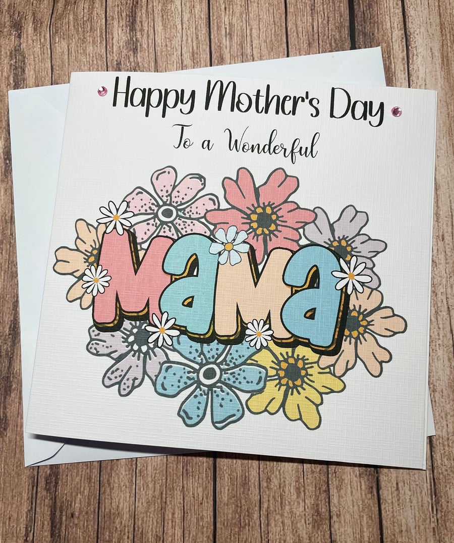 Mothers Day Personalised Card for Mama Happy Mothers Day Pretty Pink Blue Flower