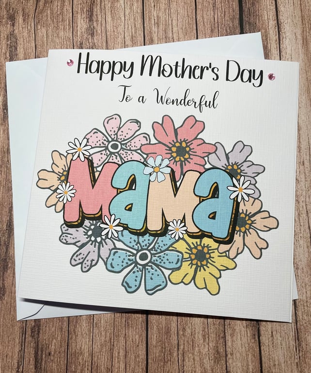 Mothers Day Personalised Card for Mama Happy Mothers Day Pretty Pink Blue Flower