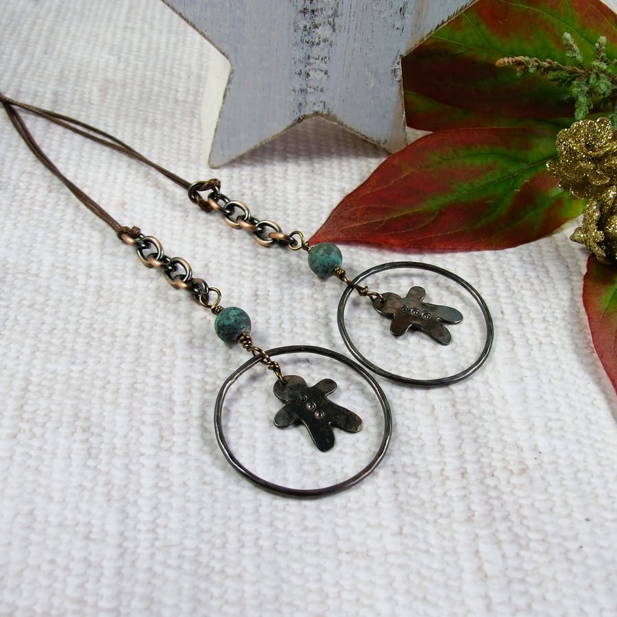 Hanging Decorations,  Copper Gingerbread People and African Turquoise Gemstone