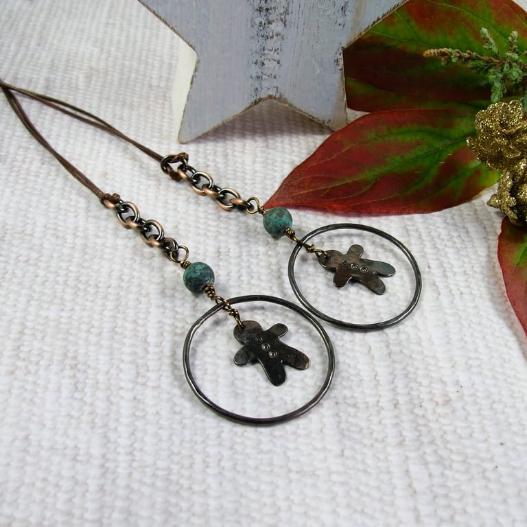 Hanging Decorations,  Copper Gingerbread People and African Turquoise Gemstone
