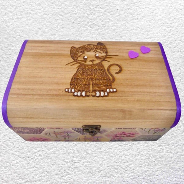 Cat: Decoupaged Wooden Trinket Keepsake Box 25cm (10”)