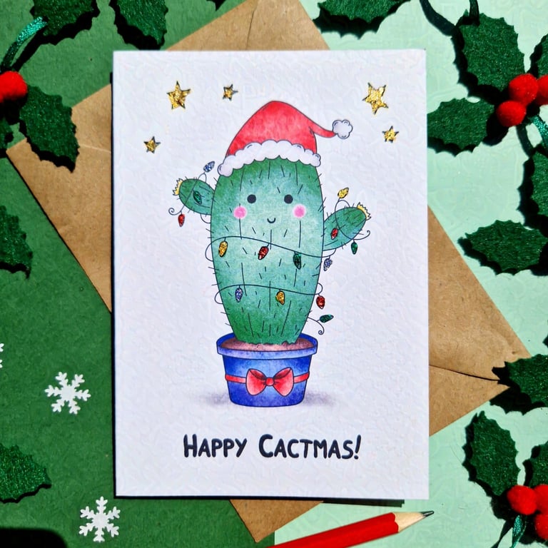 Christmas Tree Card, Christmas Cactus Card, Glittery Christmas Tree Card