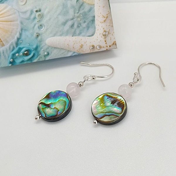 Paua shell earrings with rose quartz sterling silver